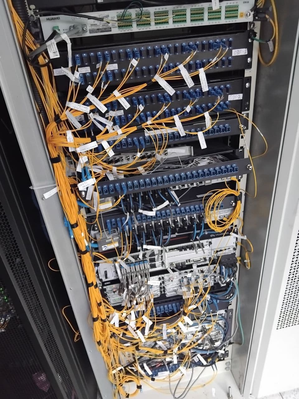 Fibre distribution frame, patched and labelled